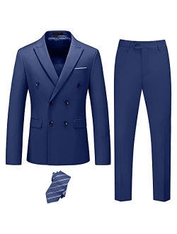 YND Men's Slim Fit 2 Piece Suit, Double Breasted Solid Jacket Pants Set with Tie