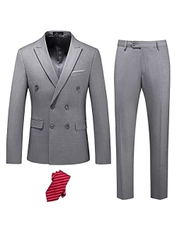 YND Men's Slim Fit 2 Piece Suit, Double Breasted Solid Jacket Pants Set with Tie