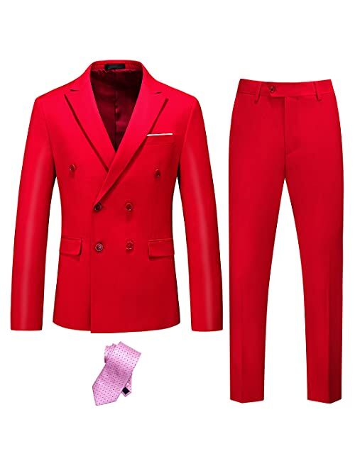 YND Men's Slim Fit 2 Piece Suit, Double Breasted Solid Jacket Pants Set with Tie