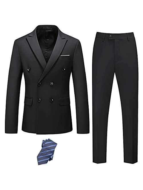 YND Men's Slim Fit 2 Piece Suit, Double Breasted Solid Jacket Pants Set with Tie