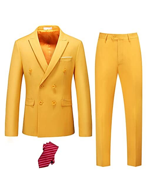 YND Men's Slim Fit 2 Piece Suit, Double Breasted Solid Jacket Pants Set with Tie