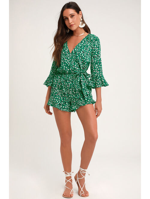 Lulus Make Moves Green and Black Print Flounce Sleeve Romper