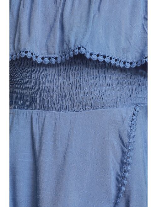 Lulus Blissful Periwinkle Blue Off-the-Shoulder Smocked Romper