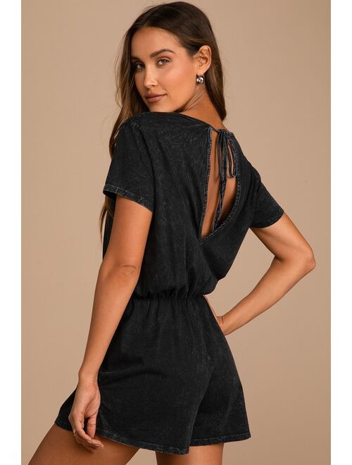 Lulus Casual Cutie Washed Black Short Sleeve Romper