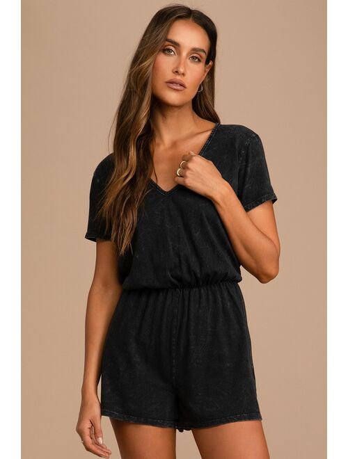 Lulus Casual Cutie Washed Black Short Sleeve Romper