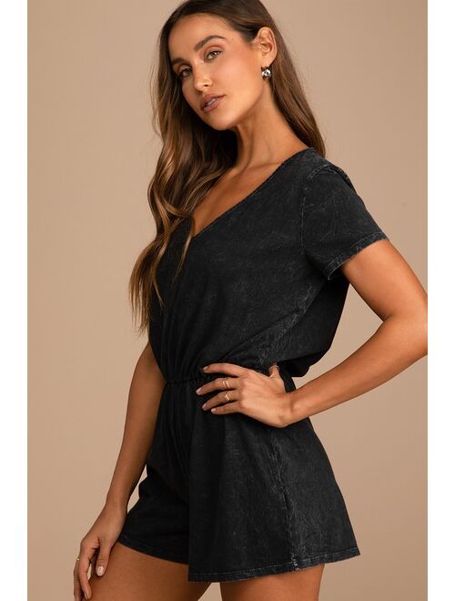 Lulus Casual Cutie Washed Black Short Sleeve Romper