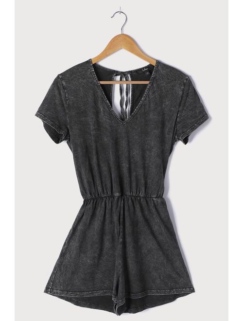 Lulus Casual Cutie Washed Black Short Sleeve Romper