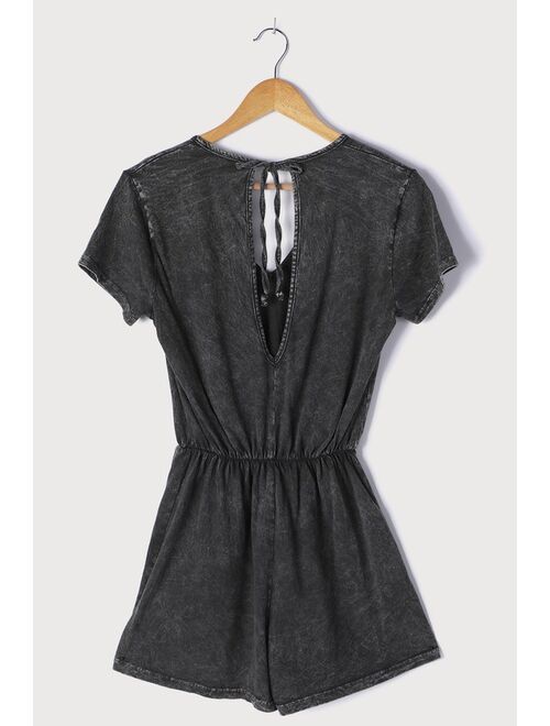 Lulus Casual Cutie Washed Black Short Sleeve Romper