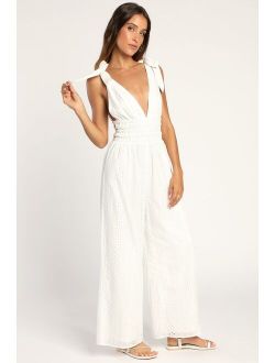 Running Free White Eyelet Embroidered Tie-Strap Jumpsuit