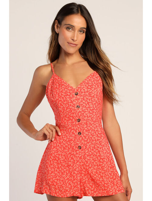 Lulus Get Confident Red Floral Print Sleeveless Button-Up Romper