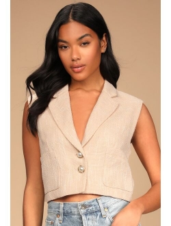 Perfect Company Ivory Tweed Sleeveless Cropped Blazer