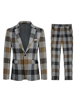 YFFUSHI Mens Plaid 2 Piece Suit Set Blazer Jacket Tux Suit Pants