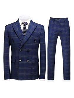 KUDORO Mens Plaid 3 Piece Suits Slim Fit Double Breasted Plaid Suit Jacket Vest Pants Set Formal