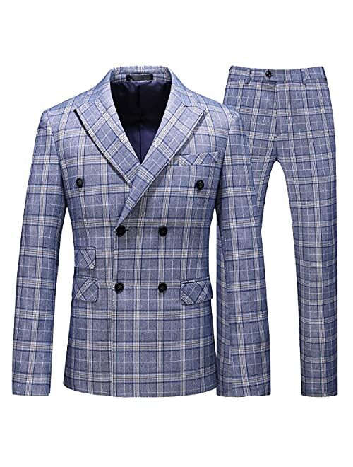 KUDORO Mens Plaid 3 Piece Suits Slim Fit Double Breasted Plaid Suit Jacket Vest Pants Set Formal