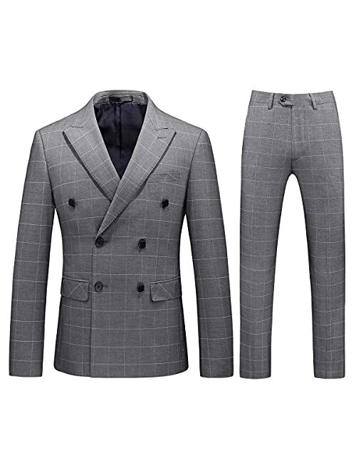 KUDORO Mens Plaid 3 Piece Suits Slim Fit Double Breasted Plaid Suit Jacket Vest Pants Set Formal