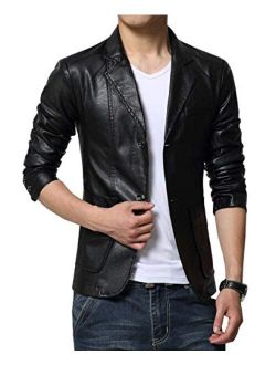Men's Stylish 2 Button Faux Leather Suit Blazer Jacket Sport Coat