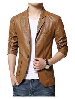 Men's Stylish 2 Button Faux Leather Suit Blazer Jacket Sport Coat