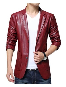 Men's Stylish 2 Button Faux Leather Suit Blazer Jacket Sport Coat