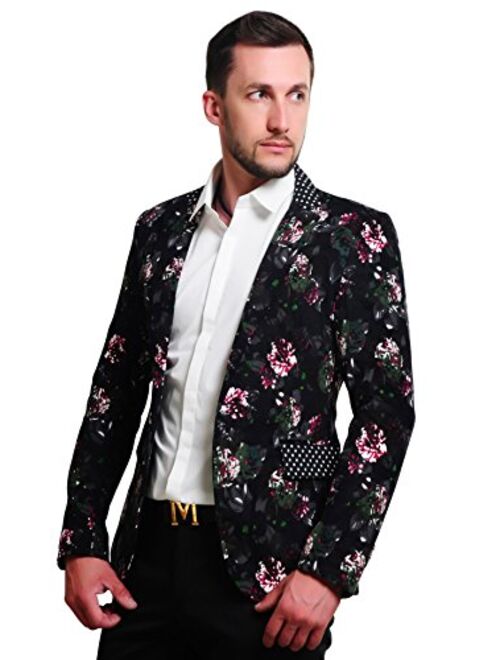 MOGU Mens 1 Button Floral Cotton Blazer Sport Coat Jacket