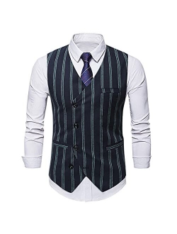 Mens Pinstripe Vest Slim Fit Formal Dress Vest Double-Breasted Business Vest