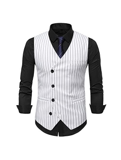 Mens Pinstripe Vest Slim Fit Formal Dress Vest Double-Breasted Business Vest