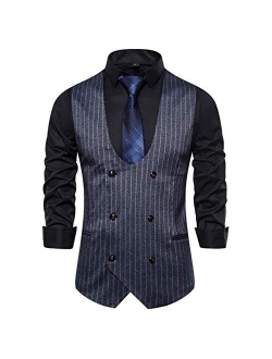 Mens Pinstripe Vest Slim Fit Formal Dress Vest Double-Breasted Business Vest