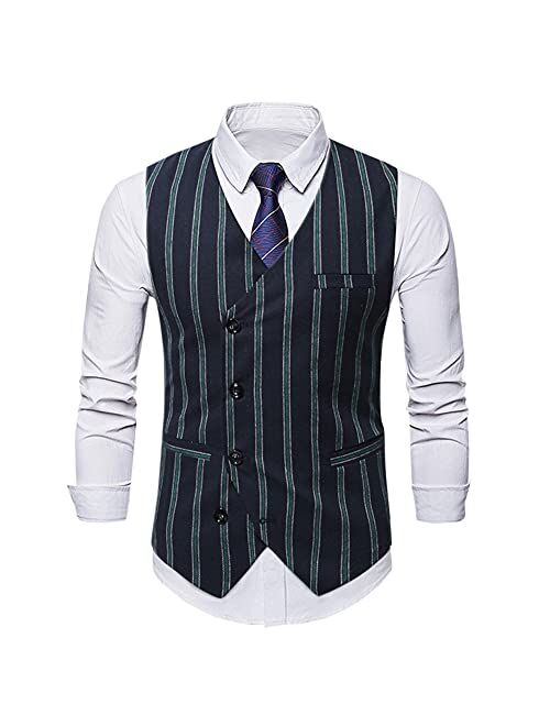 Cloudstyle Mens Pinstripe Vest Slim Fit Formal Dress Vest Double-Breasted Business Vest