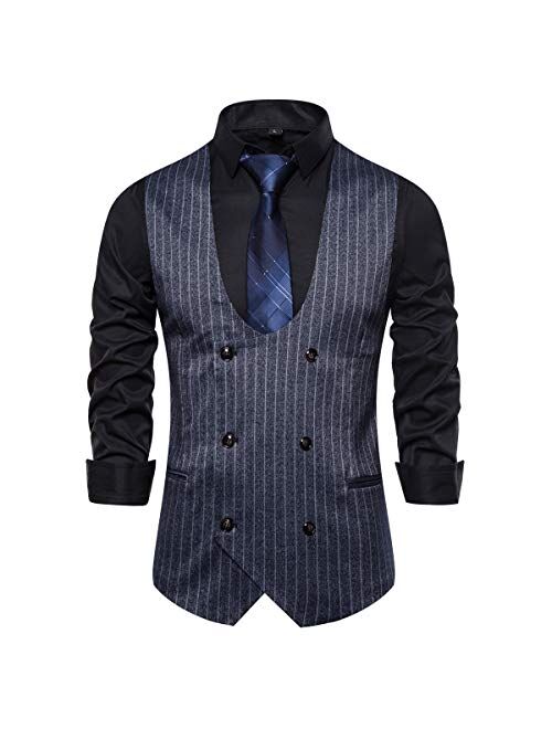 Cloudstyle Mens Pinstripe Vest Slim Fit Formal Dress Vest Double-Breasted Business Vest