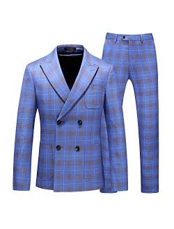 MOGU Mens 3 Piece Double Breasted Plaid Suit Slim Fit Tuxedo for Prom Wedding Party