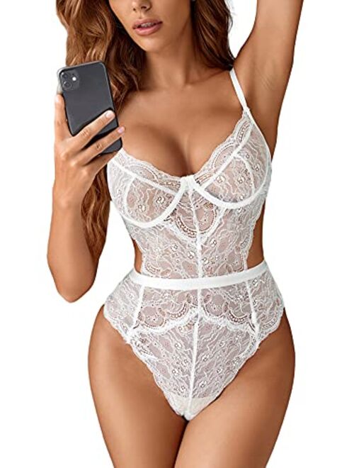 Aranmei Women Sexy Lingerie Bodysuit Lace Teddy Snap Crotch V Neck Cut Out One Piece Babydoll Underwire