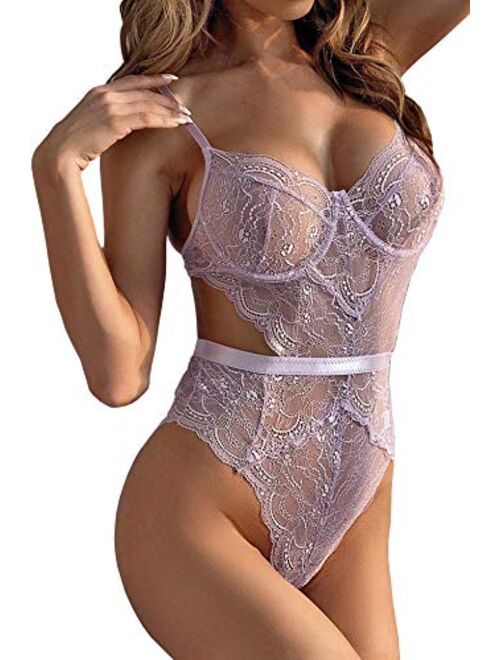 Aranmei Women Sexy Lingerie Bodysuit Lace Teddy Snap Crotch V Neck Cut Out One Piece Babydoll Underwire