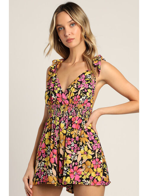 Lulus Summer Blossoms Black Multi Floral Print Tie-Strap Romper