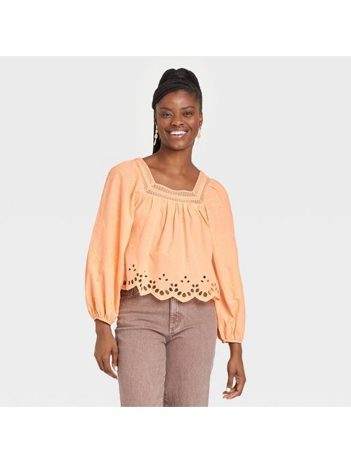 Women's Balloon Long Sleeve Eyelet Blouse - Universal Thread™