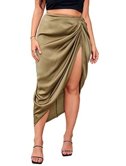 Women's Plus Asymmetrical Side Split High Waist Midi Ruched Satin Skirt