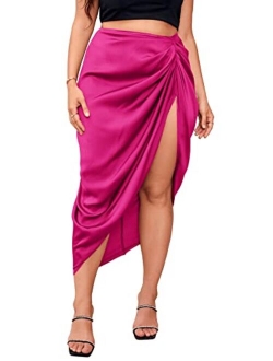 Women's Plus Asymmetrical Side Split High Waist Midi Ruched Satin Skirt