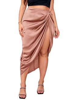 Women's Plus Asymmetrical Side Split High Waist Midi Ruched Satin Skirt