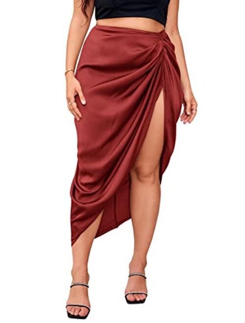 SheIn Women's Plus Asymmetrical Side Split High Waist Midi Ruched Satin Skirt