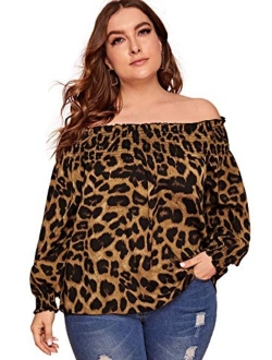 Women's Plus Size Leopard Print Long Sleeve Top Off Shoulder Frill Trim Blouse