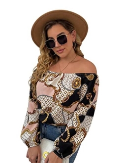 Women's Plus Size Leopard Print Long Sleeve Top Off Shoulder Frill Trim Blouse