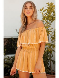 See Ya There Mustard Yellow Print Off-the-Shoulder Romper