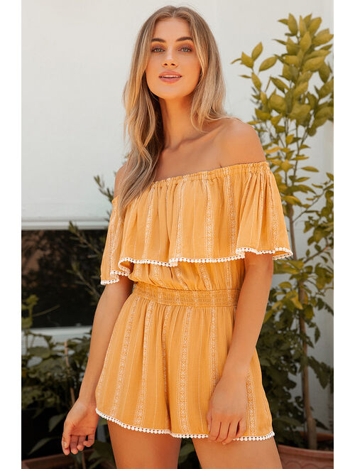 Lulus See Ya There Mustard Yellow Print Off-the-Shoulder Romper