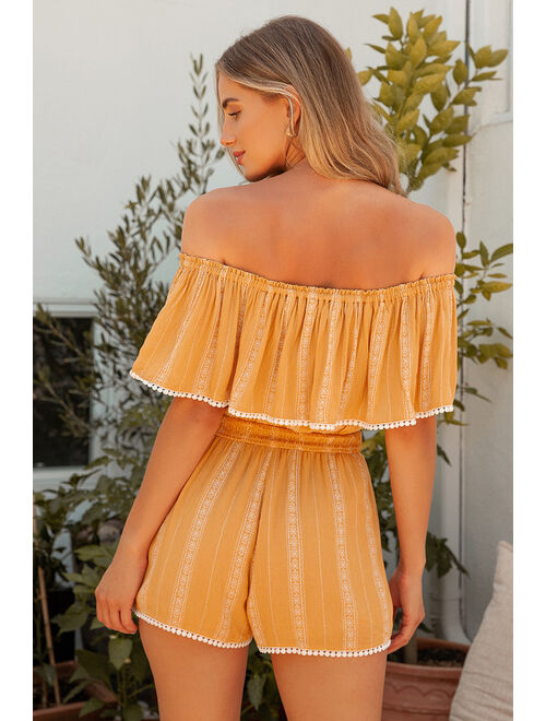 Lulus See Ya There Mustard Yellow Print Off-the-Shoulder Romper