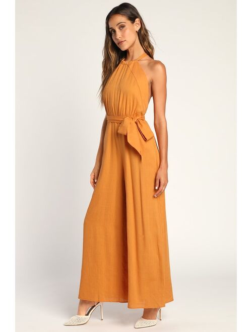 Lulus Reach for Radiance Marigold Halter Wide-Leg Jumpsuit