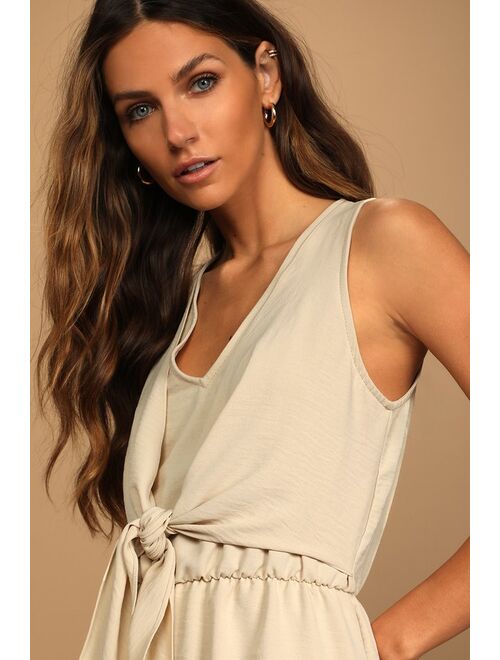 Lulus Take My Moment Beige Sleeveless Tie-Front Romper