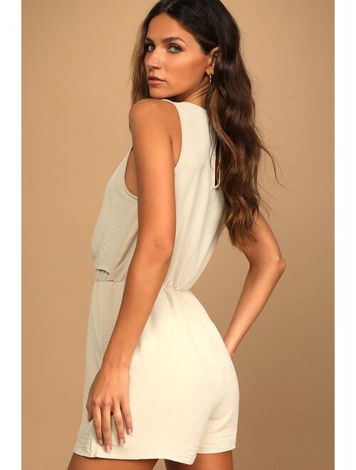 Lulus Take My Moment Beige Sleeveless Tie-Front Romper