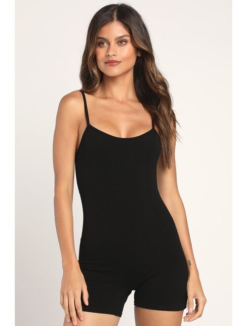 Lulus Super Base Black Ribbed Knit Bodycon Lounge Romper