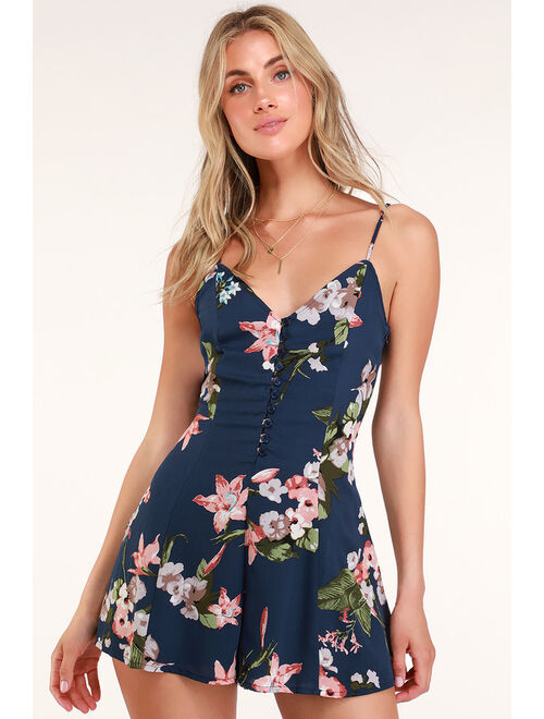 Lulus Always Abloom Navy Blue Floral Print Button Front Swing Romper