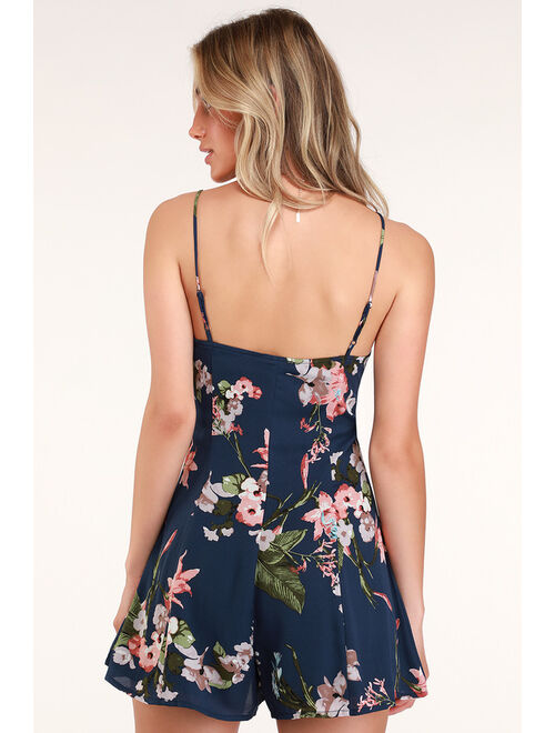 Lulus Always Abloom Navy Blue Floral Print Button Front Swing Romper