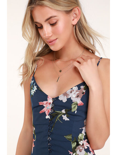 Lulus Always Abloom Navy Blue Floral Print Button Front Swing Romper