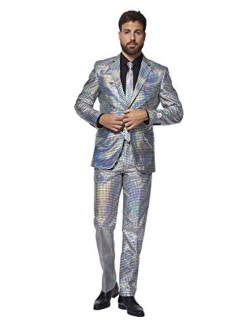 Shiny Silver Slim-Fit Novelty Party Suit & Tie Set